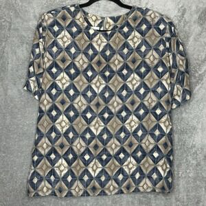 Stunt 2X Shirt Top Blue Brown Geometric Short Sleeve Round Neck Silk Button Back